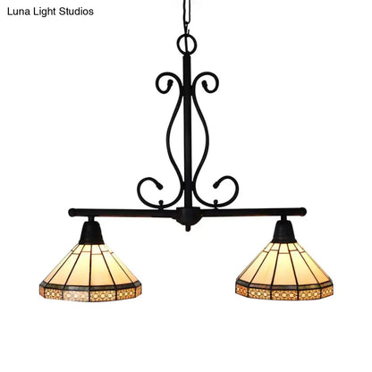 Lámpara colgante de isla DecorBites™ estilo Tiffany color beige con pantalla cónica de vidrio y acero inoxidable - Elegante lámpara de techo colgante de 2 luces