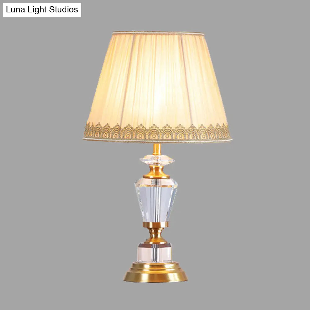 Beige Traditional Drum Nightstand Lamp with Crystal Accent - 1 Light Table Light for Bedroom