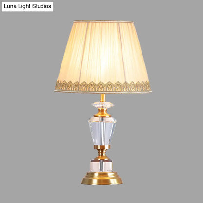 Beige Traditional Drum Nightstand Lamp with Crystal Accent - 1 Light Table Light for Bedroom