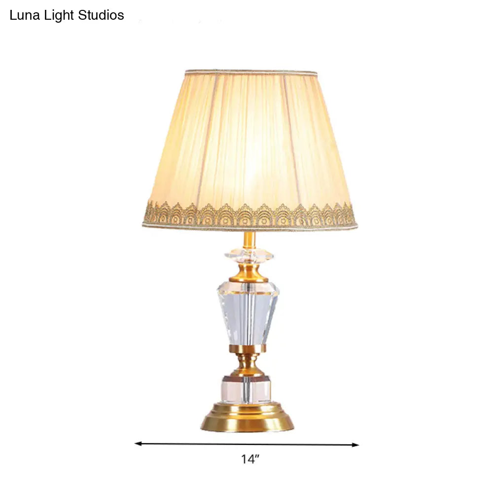 Beige Traditional Drum Nightstand Lamp with Crystal Accent - 1 Light Table Light for Bedroom