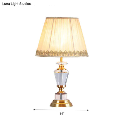 Beige Traditional Drum Nightstand Lamp with Crystal Accent - 1 Light Table Light for Bedroom