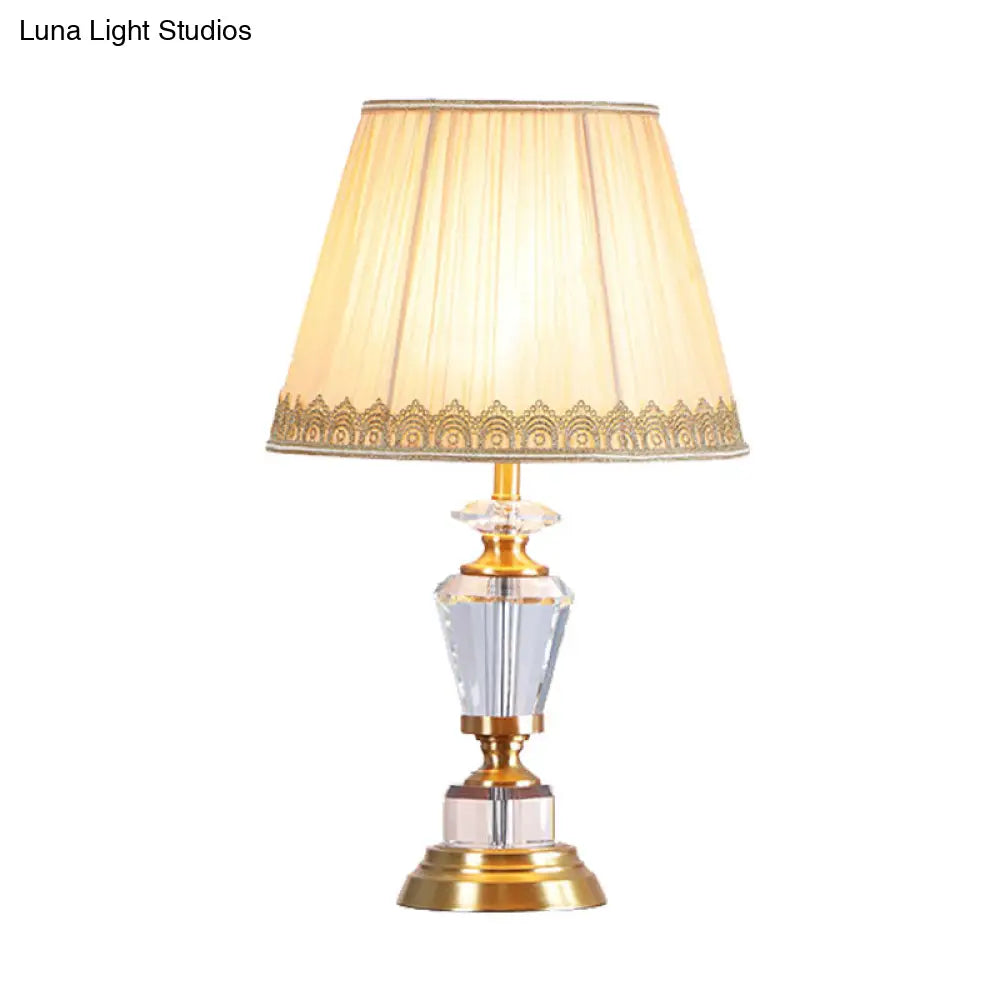Beige Traditional Drum Nightstand Lamp with Crystal Accent - 1 Light Table Light for Bedroom