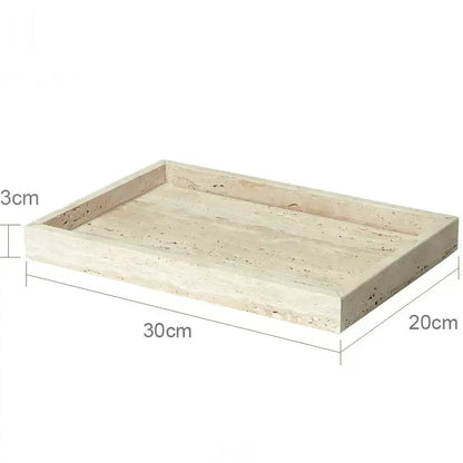 Rectangular beige travertine marble tray with natural textured surface and slightly raised edges from decorbites beige travertine set