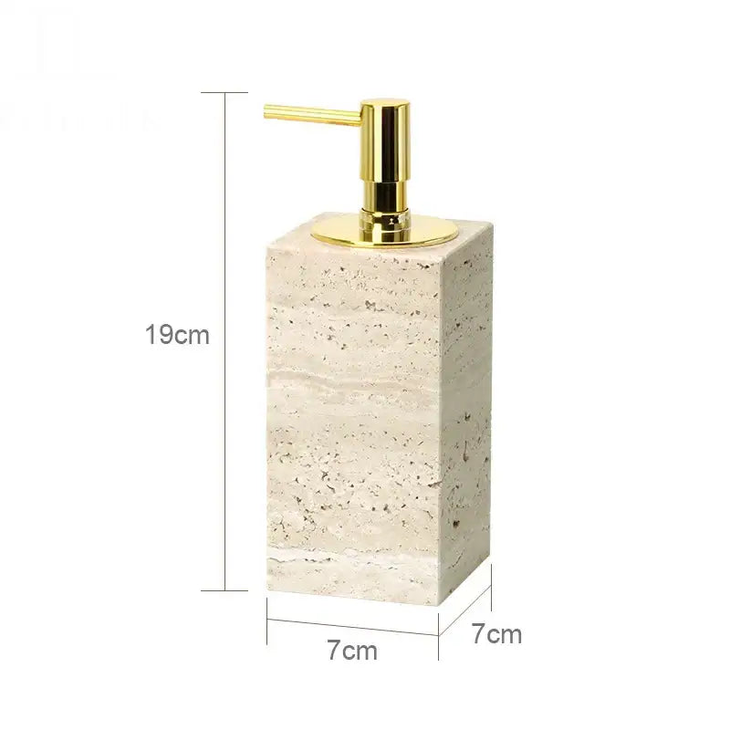 A sleek 7cm square soap dispenser with a beige travertine marble body and polished gold-tone pump from decorbites beige travertine set