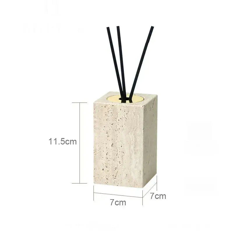 Beige travertine marble rectangular diffuser with four black reed sticks from decorbites beige travertine bathroom set