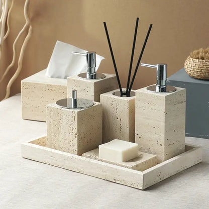 Beige travertine marble bathroom accessory set with chrome pump dispensers and matching tray by decorbites beige travertine