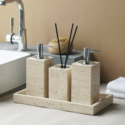 Beige travertine marble bathroom accessories set with three rectangular dispensers and matching tray for elegant decorbites beige travertine decor