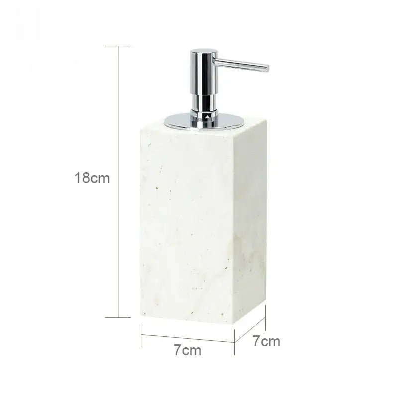 A sleek white marble soap dispenser with polished chrome pump from decorbites beige travertine marble bathroom set
