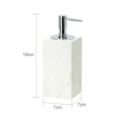 A sleek white marble soap dispenser with polished chrome pump from decorbites beige travertine marble bathroom set