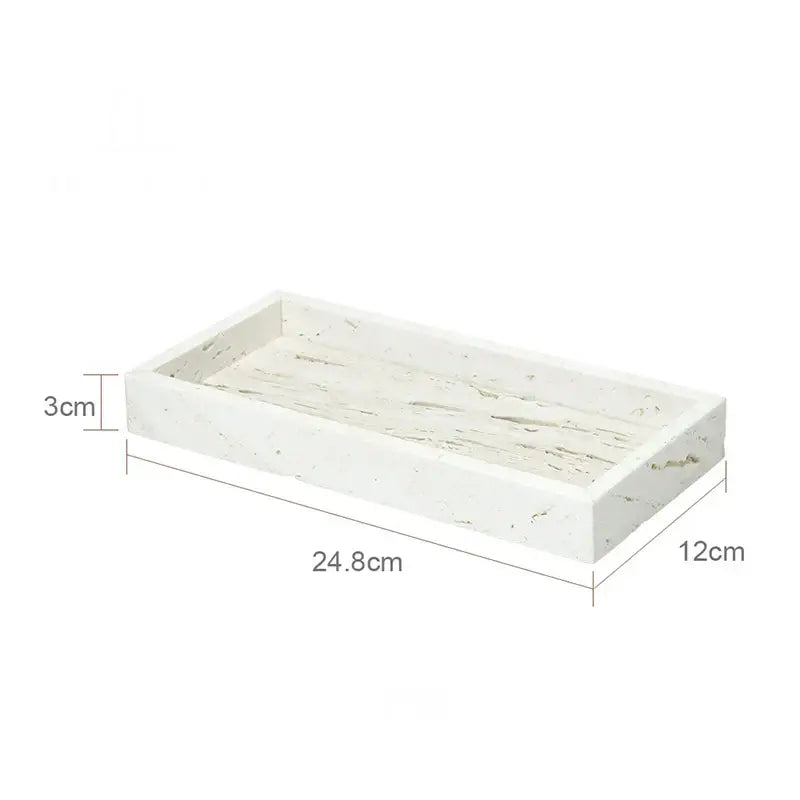 Beige travertine marble rectangular tray with marbled texture and raised edges in decorbites travertine marble bathroom set