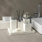 Beige travertine marble bathroom tray set with chrome pump dispensers and soap dish for elegant decorbites beige travertine decor