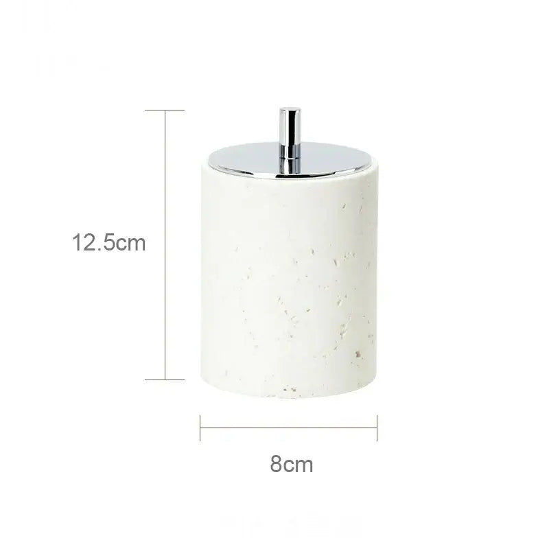 White textured cylindrical container with shiny chrome lid from decorbites beige travertine marble bathroom set