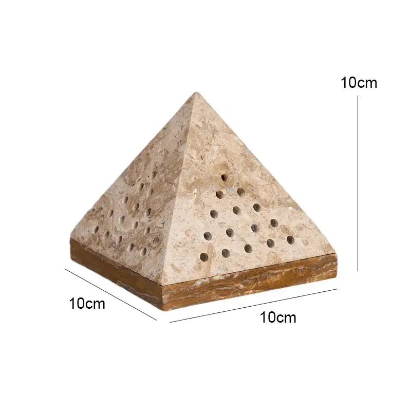 Beige travertine marble pyramid incense holder with textured surface and circular holes for living room oud burner decorbites beige travertine