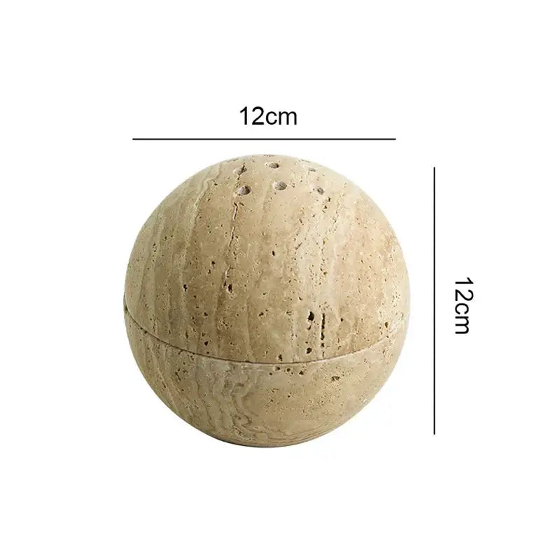 Beige travertine marble spherical incense burner with natural cork texture and subtle speckles for living room decor