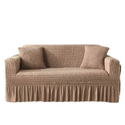 Beige waffle textured cozy sofa cover with ruffled hem solid color stretch slipcover for living room sofa