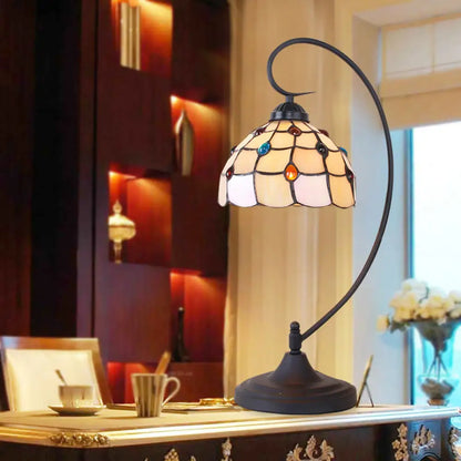 Beige/White and Silver Glass Night Lamp with Victorian Style Curvy Arm - Elegant Black Lattice Bowl Design