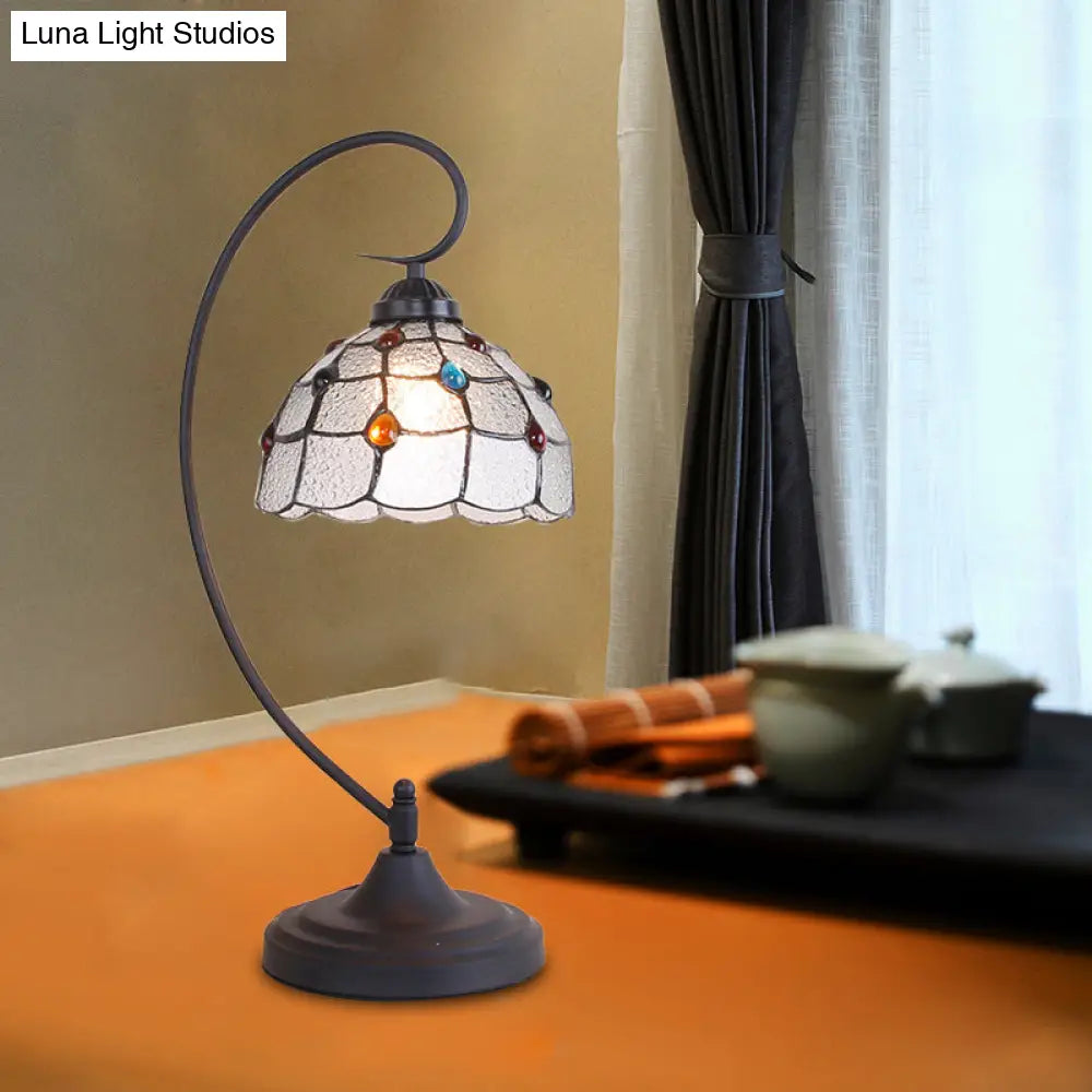 Beige/White and Silver Glass Night Lamp with Victorian Style Curvy Arm - Elegant Black Lattice Bowl Design
