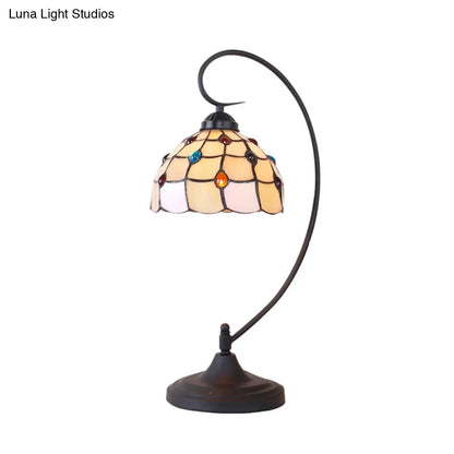 Beige/White and Silver Glass Night Lamp with Victorian Style Curvy Arm - Elegant Black Lattice Bowl Design