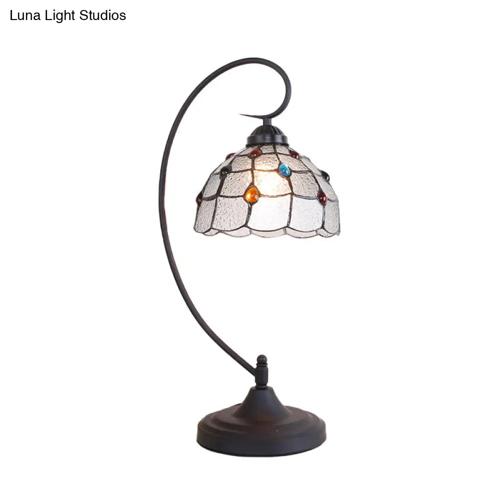 Beige/White and Silver Glass Night Lamp with Victorian Style Curvy Arm - Elegant Black Lattice Bowl Design