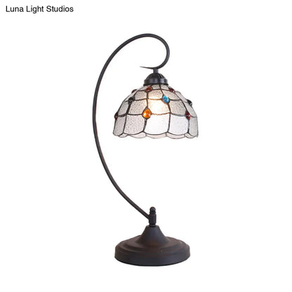 Beige/White and Silver Glass Night Lamp with Victorian Style Curvy Arm - Elegant Black Lattice Bowl Design