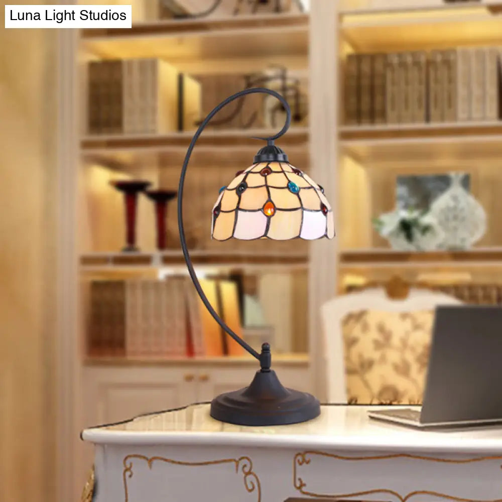 Beige/White and Silver Glass Night Lamp with Victorian Style Curvy Arm - Elegant Black Lattice Bowl Design