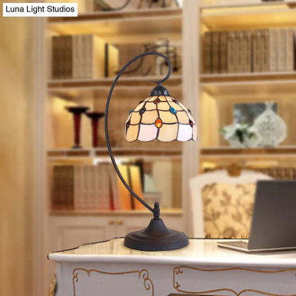 Beige/White and Silver Glass Night Lamp with Victorian Style Curvy Arm - Elegant Black Lattice Bowl Design