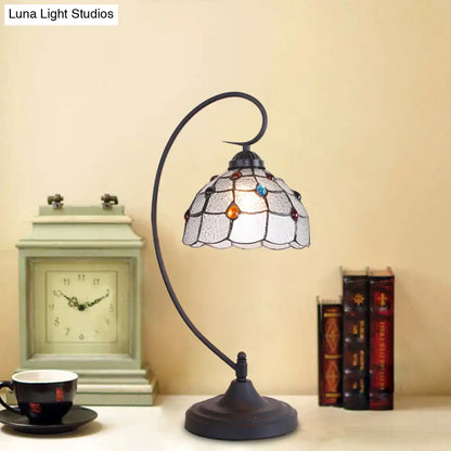 Beige/White and Silver Glass Night Lamp with Victorian Style Curvy Arm - Elegant Black Lattice Bowl Design