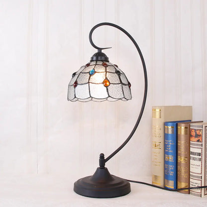 Beige/White and Silver Glass Night Lamp with Victorian Style Curvy Arm - Elegant Black Lattice Bowl Design