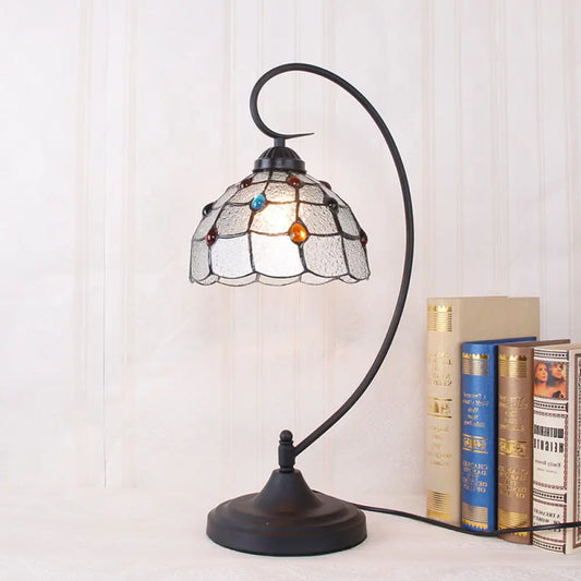 Beige/White and Silver Glass Night Lamp with Victorian Style Curvy Arm - Elegant Black Lattice Bowl Design