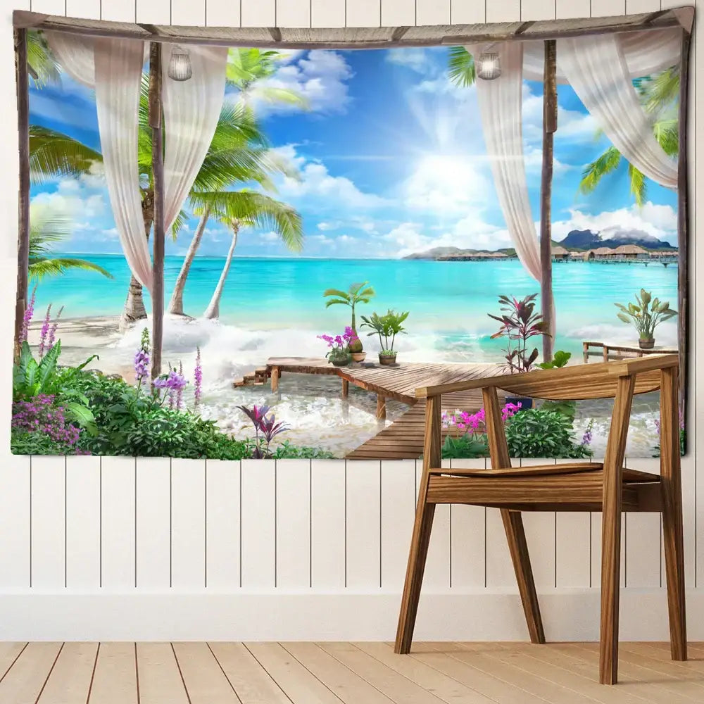 Beige and white sheer curtain tapestry featuring a tropical coconut forest sea view with palm trees and purple flowers