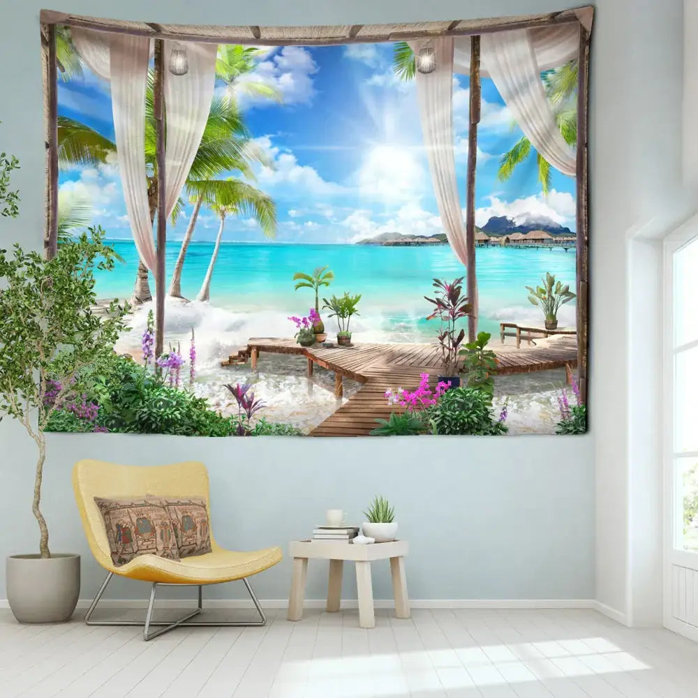 Beige and brown patterned cushion on yellow armchair complementing beige and white coconut forest sea view tapestry decor