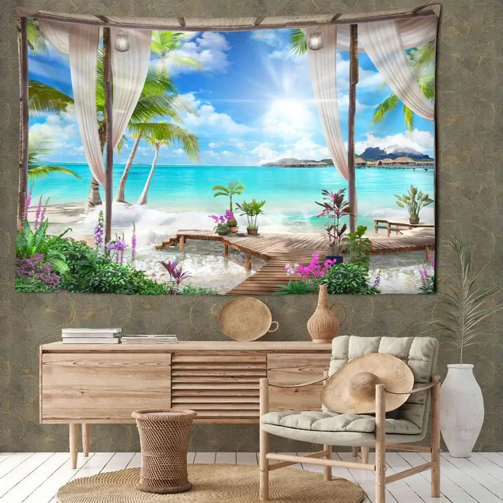 Beige and white cotton tapestry featuring a coconut forest sea view with palm trees, turquoise water, and wooden deck wall decor