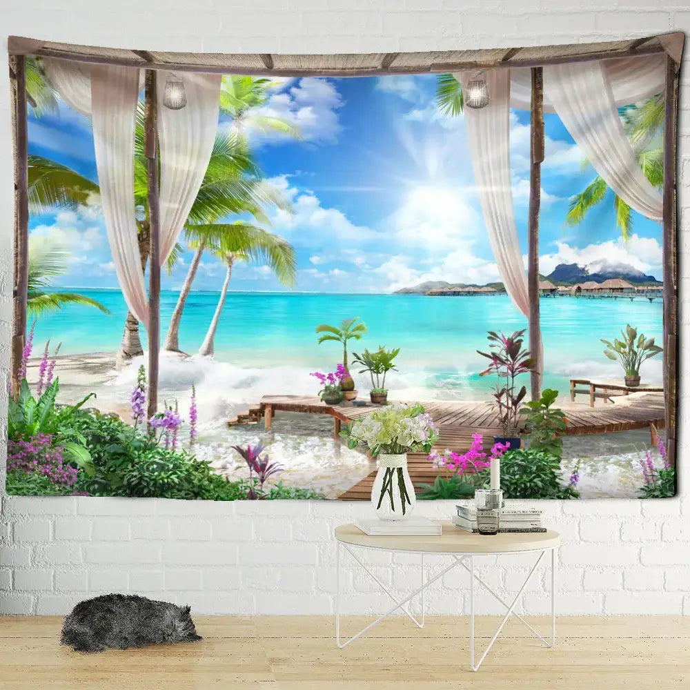 Beige and white curtain-bordered tapestry featuring a coconut forest sea view for bedroom wall decor
