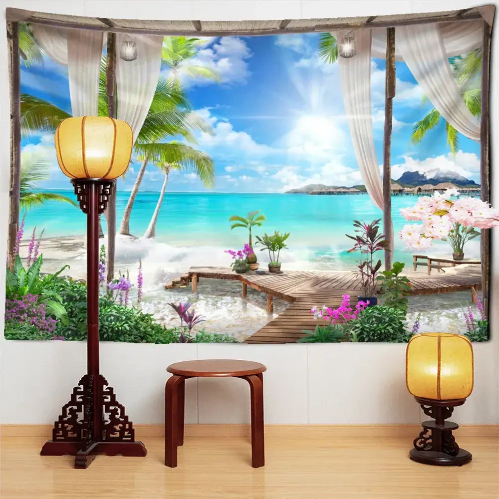 Beige and brown tropical beach tapestry with palm trees and wooden deck featuring a coconut forest sea view design