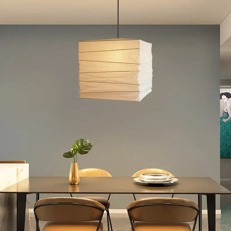 Beige and white cube rice paper pendant lamp with horizontal slats and minimalist design for living room decorbites cube rice