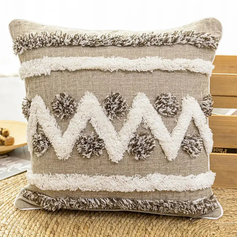 Beige linen cushion cover with white and gray fringe trim diamond tufted zigzag tassels for living room decor