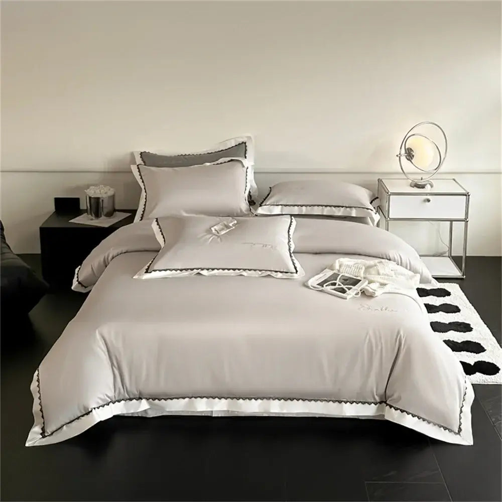 Elegant gray satin bedding set with black scalloped trim and embroidery in decorbites hot diamond lace style