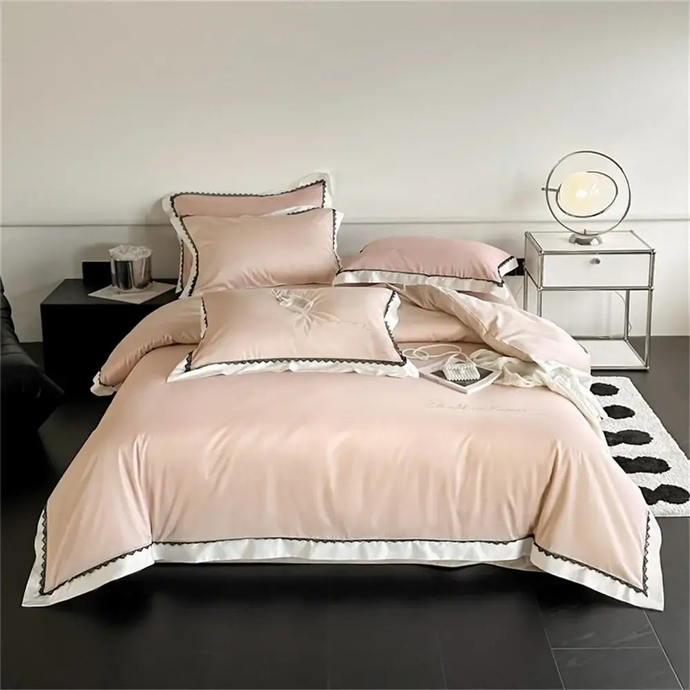 Blush pink satin bedding set with black and white hot diamond lace trim for decorbites hot diamond lace bedroom decor