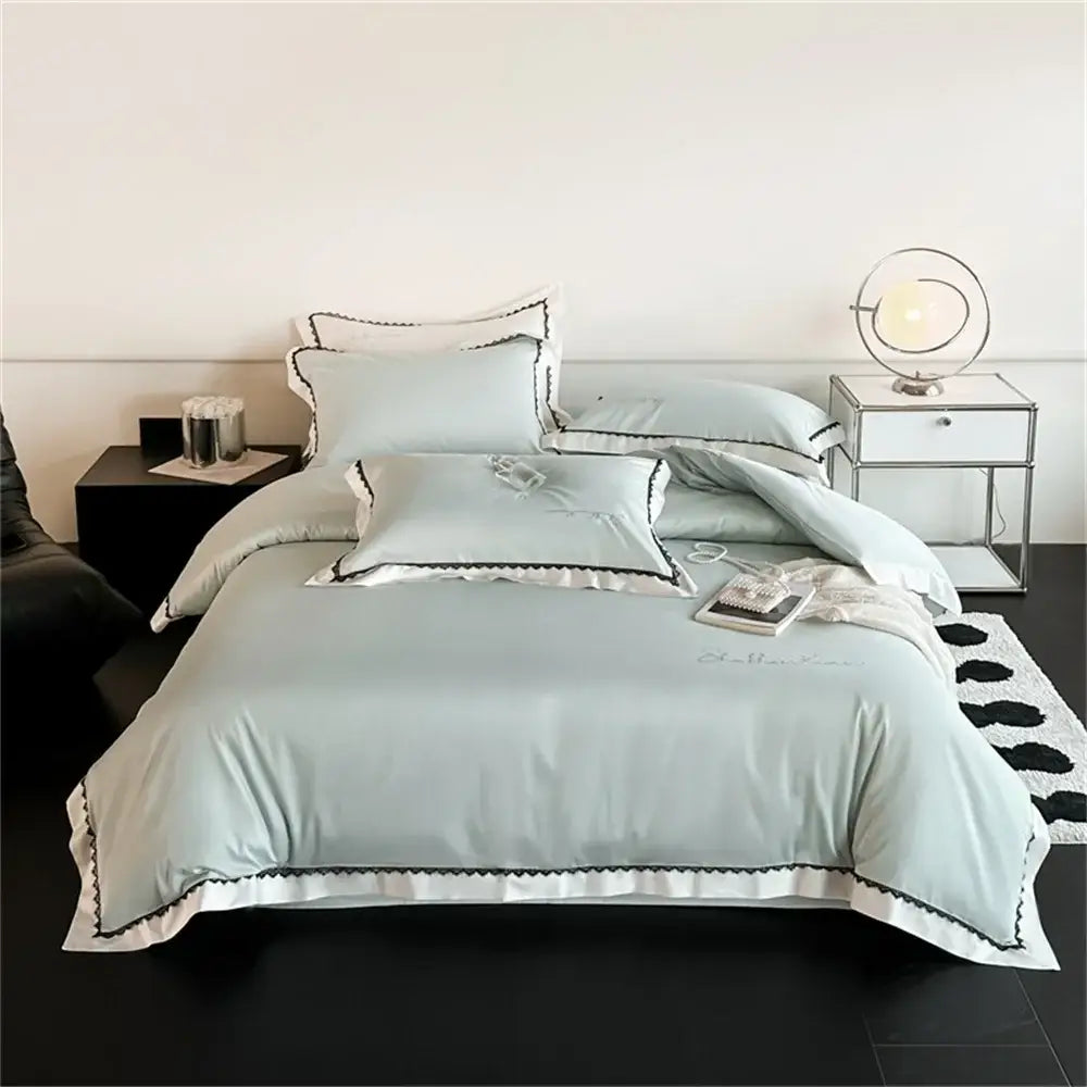 Beige and white hot diamond lace bedding set with light blue satin and black scalloped trim for elegant decorbites hot diamond decor