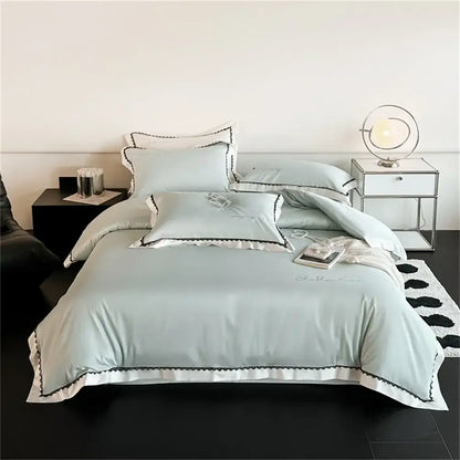 Beige and white hot diamond lace bedding set with light blue satin and black scalloped trim for elegant decorbites hot diamond decor
