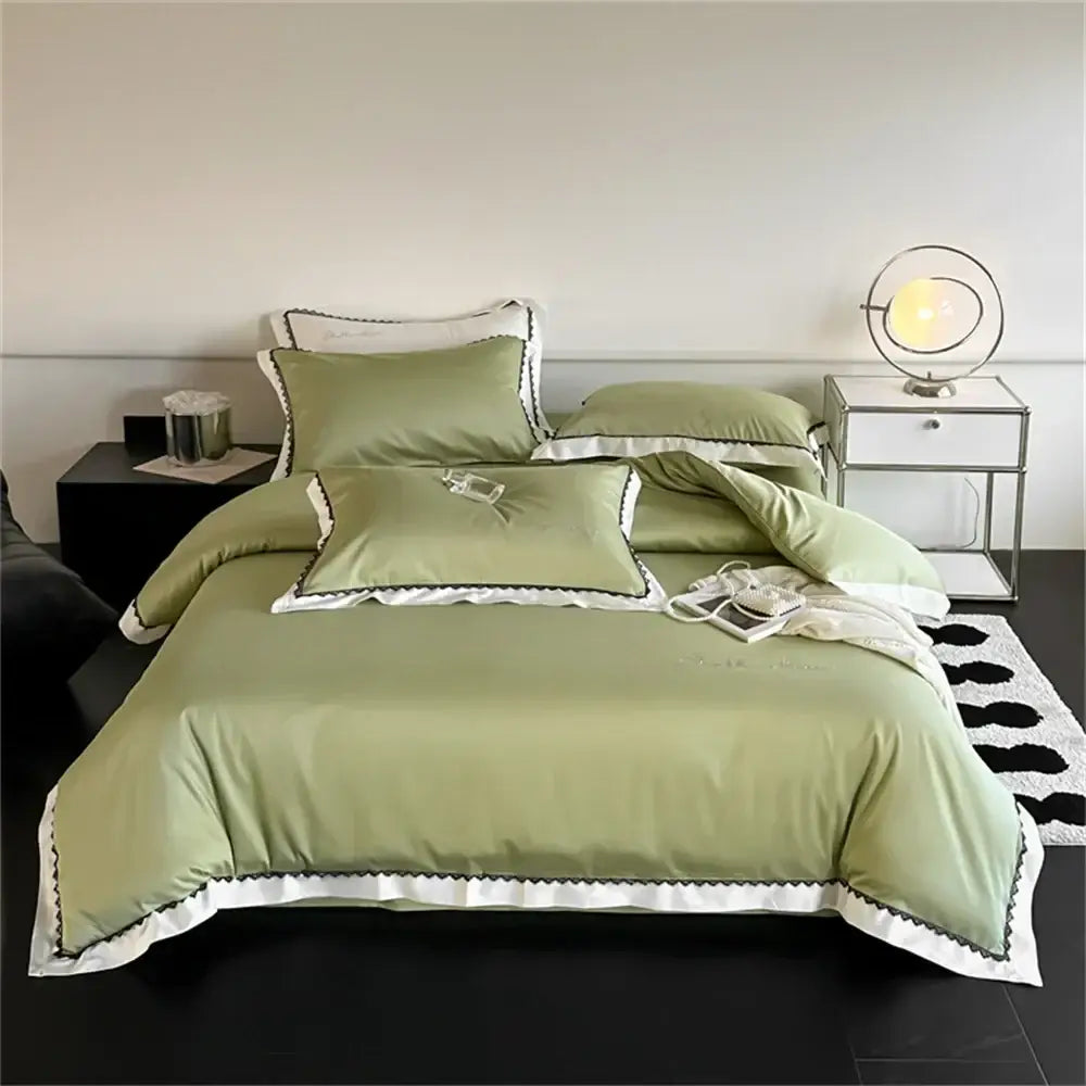 Olive green satin duvet set with white scalloped trim and black embroidery in decorbites hot diamond lace bedding set