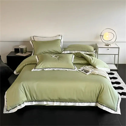 Olive green satin duvet set with white scalloped trim and black embroidery in decorbites hot diamond lace bedding set
