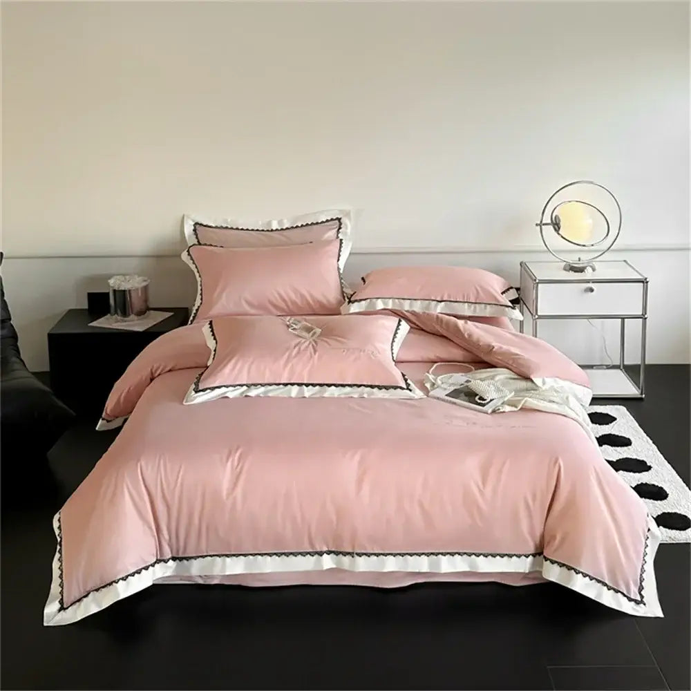 Pink satin bedding set with white and black decorative trim for decorbites hot diamond lace bedroom duvet cover