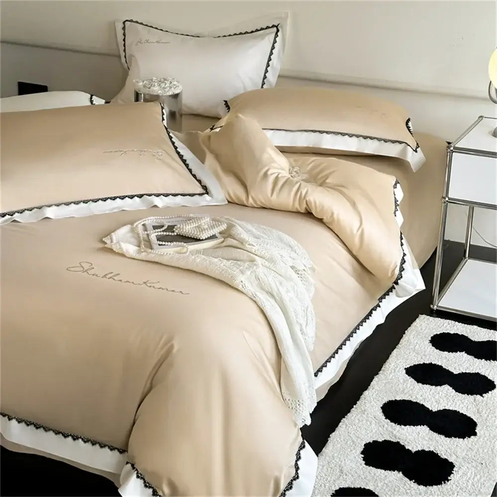 Beige satin duvet cover bedding set with black and white scalloped trim and embroidered script decorbites hot diamond lace