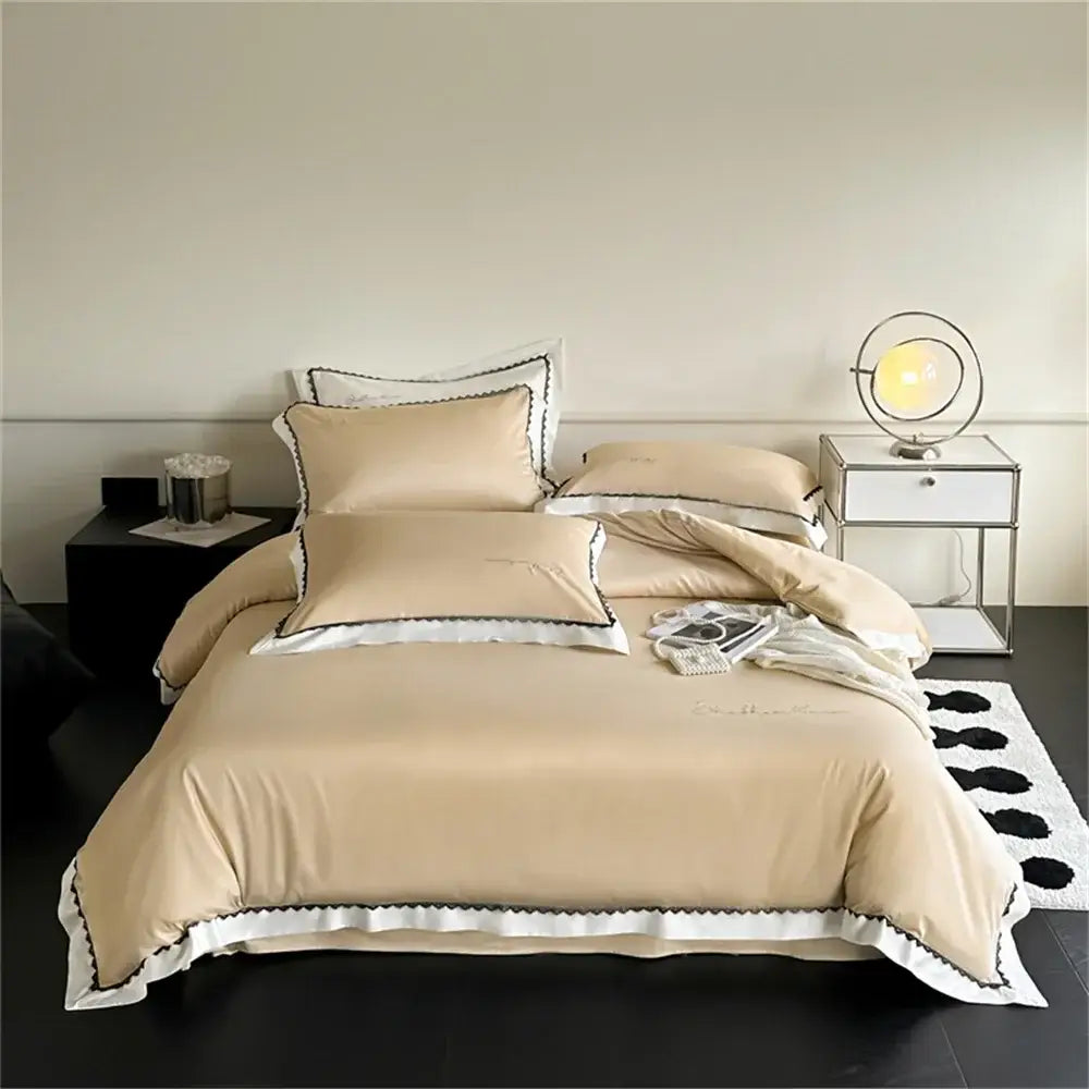 Beige satin bedding set with white scalloped trim and black piping from decorbites hot diamond lace collection