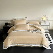 Beige satin bedding set with white scalloped trim and black piping from decorbites hot diamond lace collection