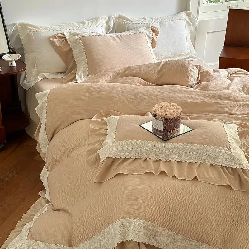 Beige linen duvet cover bedding set with delicate white lace ruffles and ruffled edges for elegant bedroom decor