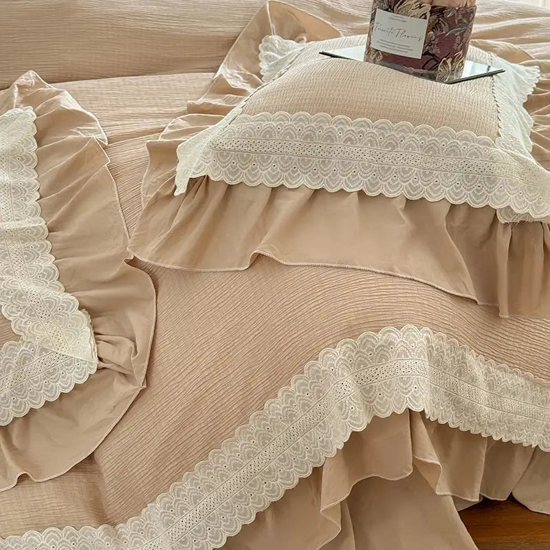 Beige bedding set with delicate white lace ruffles featuring a bedroom duvet cover for elegant decor