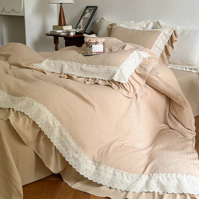Beige textured cotton bedding set with delicate white lace ruffles on duvet cover for bedroom use