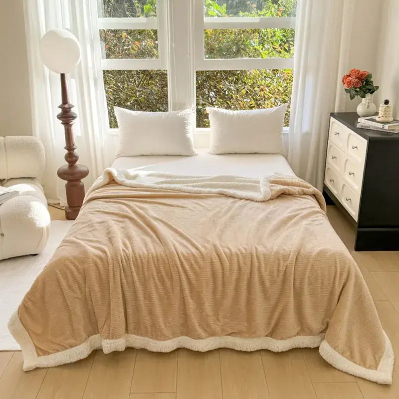 Beige and white ribbed coral fleece jacquard blanket with soft textured plush surface and contrasting fleece trim